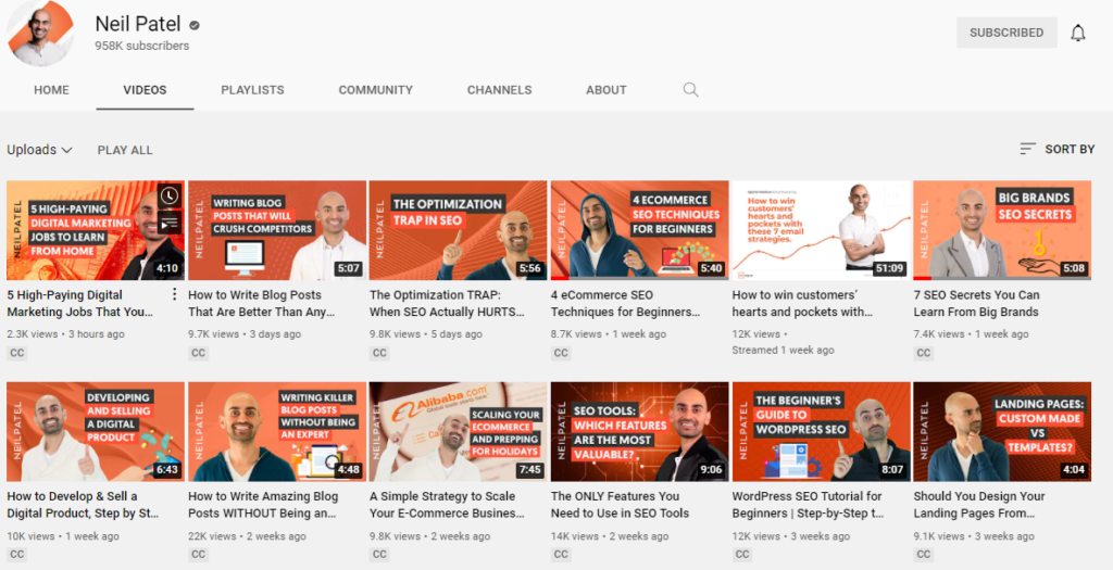 neil patel SEO Expert youtube screenshot